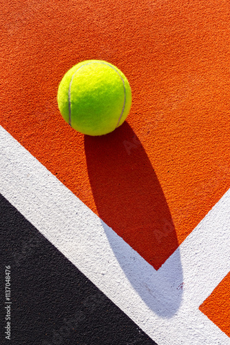 Foto Vertical photo of a yellow tennis ball on orange and black tennis court - pickle
