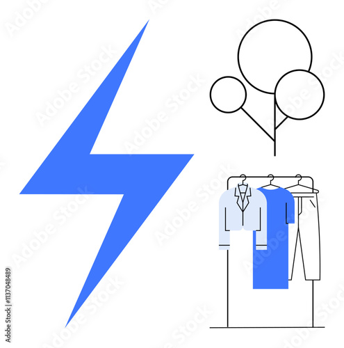 Blue lightning bolt, minimalistic tree, and clothing on a rack emphasizing stylish, eco-friendly fashion. Ideal for sustainability, nature, eco-fashion, energy minimalism green living. Line