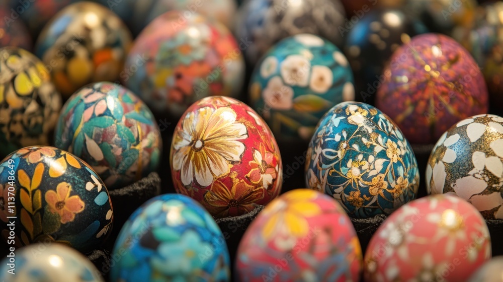 Close-up of many colorful, hand-painted Easter eggs with floral designs. Close-up of many colorful, hand-painted Easter eggs with floral designs.