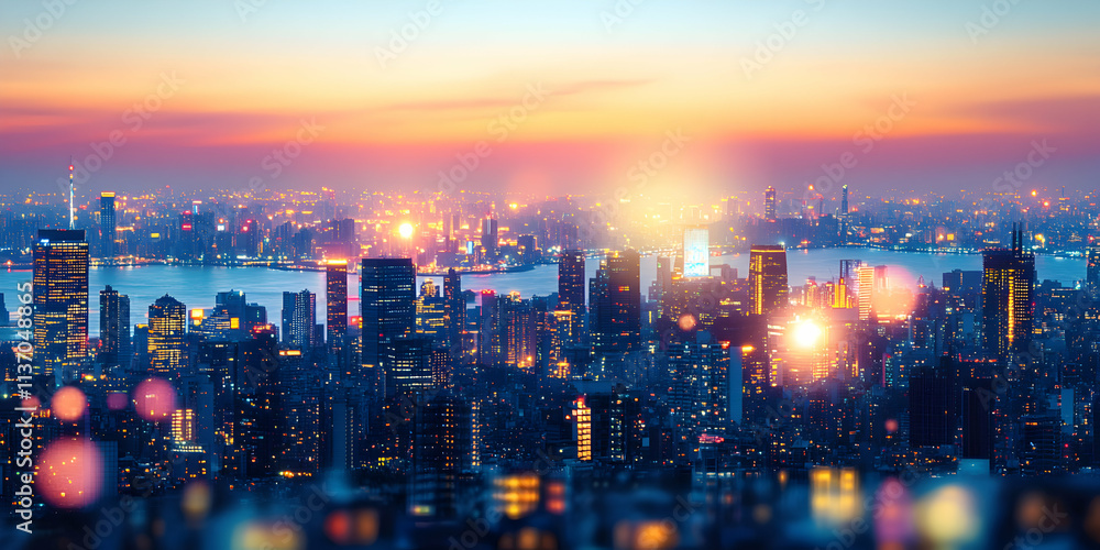 Fototapeta premium Cityscape at Sunset. Urban Lights Gleam