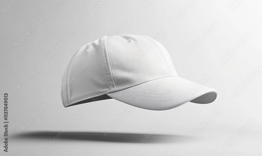White baseball cap mockup, floating against a bright, plain background, showcasing its design and clean aesthetic. White baseball cap mockup, floating against a bright, plain background, showcasing its design and clean aesthetic.