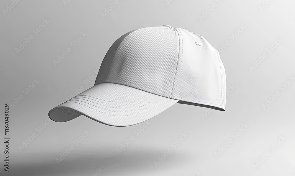 White baseball cap mockup, floating against a neutral background, showcasing its design and clean style. White baseball cap mockup, floating against a neutral background, showcasing its design and clean style.