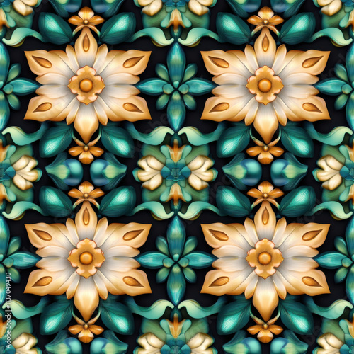 Beautiful floral seamless pattern featuring intricate flowers and leaves in vibrant colors. This design showcases harmonious blend of gold, teal, and green tones, perfect for various applications photo