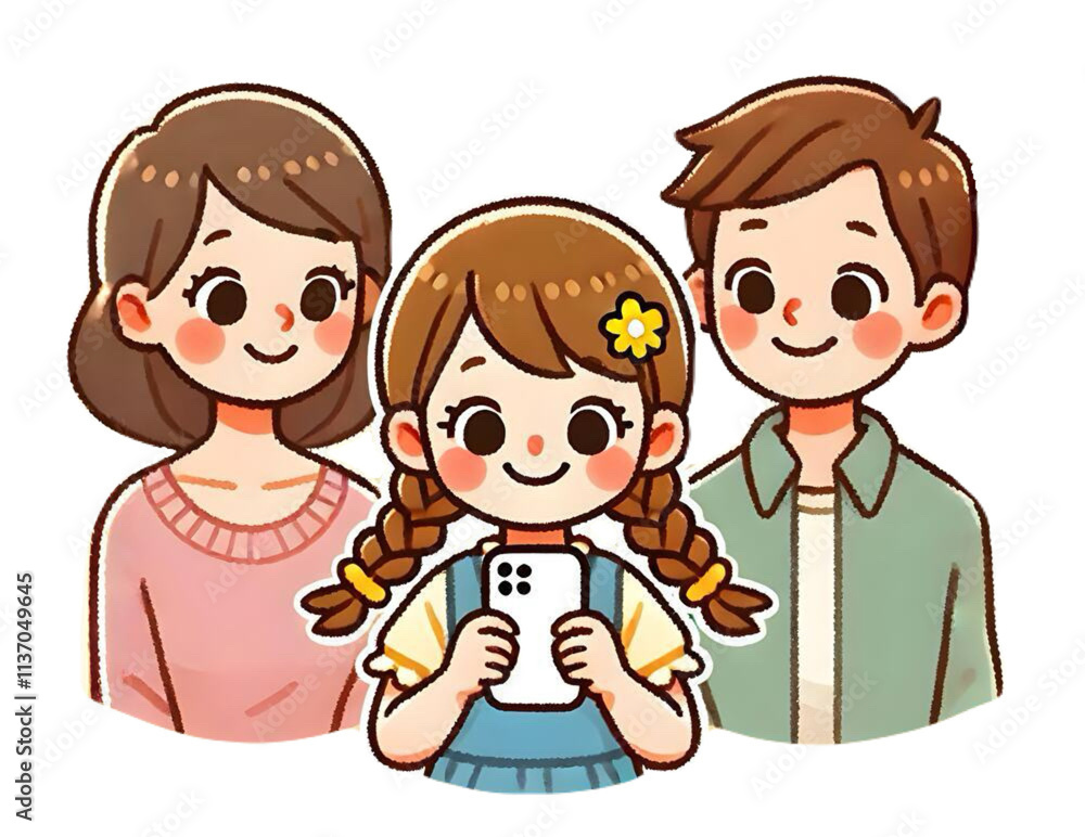 Girl Holding a Smartphone with Parents Smiling and Watching Girl Holding a Smartphone with Parents Smiling and Watching