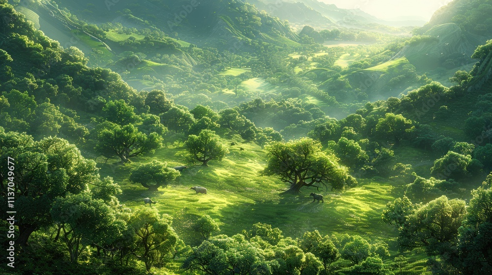 A serene landscape depicting lush green hills, trees, and soft sunlight filtering through. A serene landscape depicting lush green hills, trees, and soft sunlight filtering through.