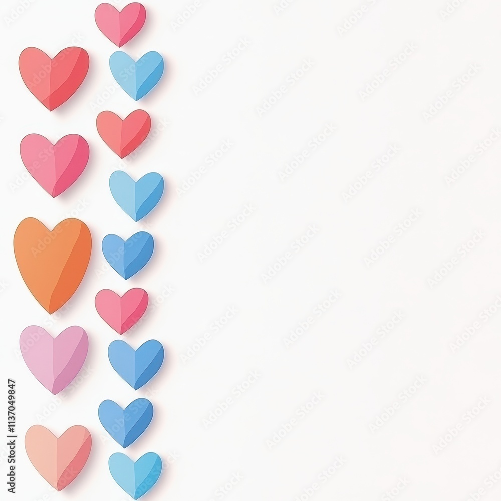 Colorful paper hearts arranged in a vertical line on a minimalist background. Colorful paper hearts arranged in a vertical line on a minimalist background.