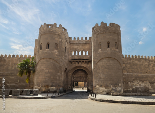 The imposing Bab al-Futuh (Conquest Gate), one of the three remaining gates in the walls of the old city of Cairo, Egypt.