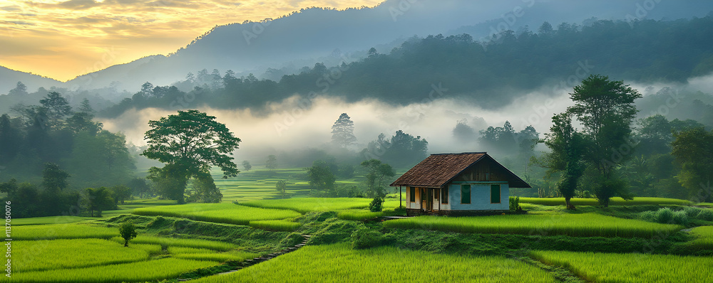 Tranquil House nestled in Misty Green Rice Terraces Tranquil House nestled in Misty Green Rice Terraces