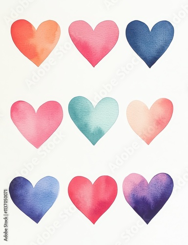 Colorful watercolor hearts arranged in a grid, symbolizing love and affection.