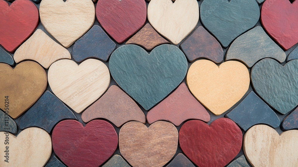 Obraz premium Colorful wooden hearts arranged in a beautiful mosaic pattern, symbolizing love.