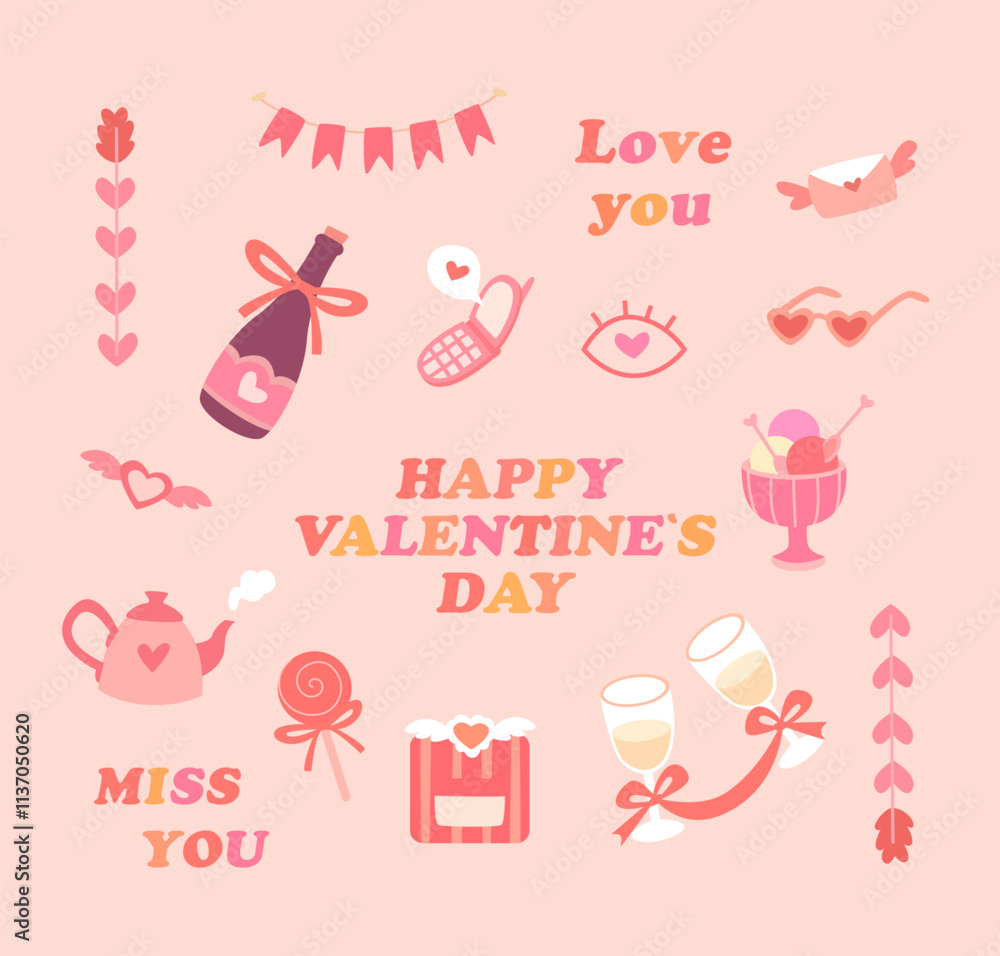 Retro Valentine's Day set. Retro elements and inscriptions for stickers, pins, cards.
Retro Valentine's Day set. Retro elements and inscriptions for stickers, pins, cards.