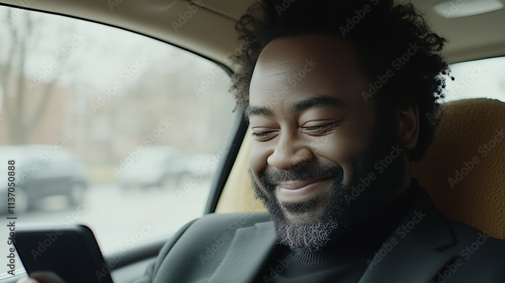 African American Businessman in Taxi Using Smartphone African American Businessman in Taxi Using Smartphone