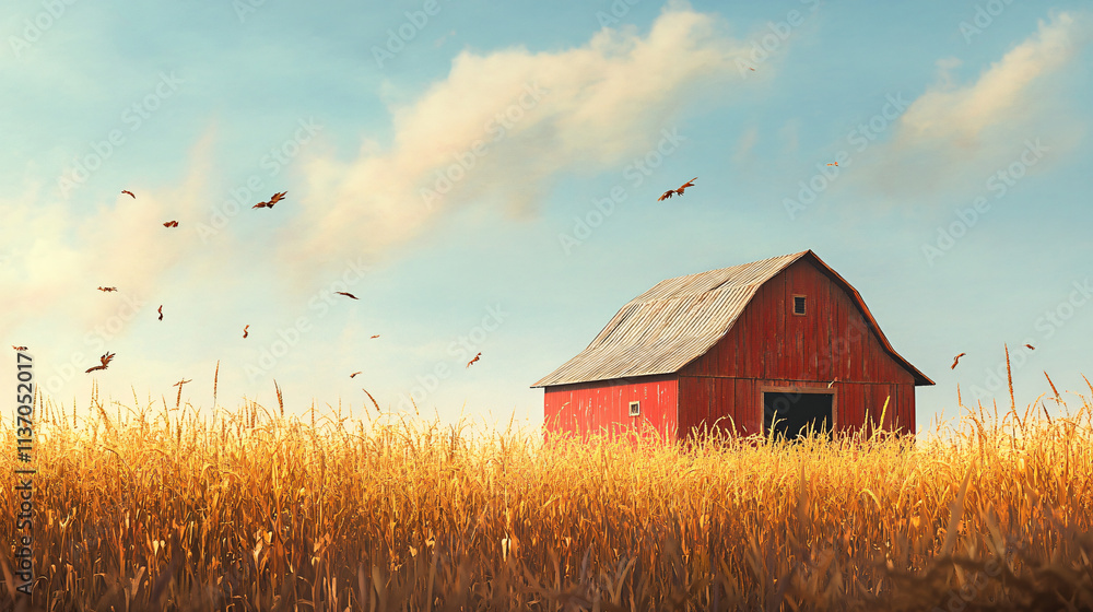 A rustic red barn in a field, surrounded by tall golden corn stalks swaying in the autumn breeze. A rustic red barn in a field, surrounded by tall golden corn stalks swaying in the autumn breeze.