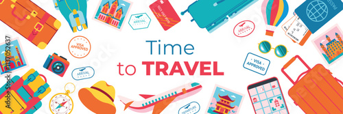 Travel background with symbols of airplane, luggage, passport, ticket, bank card, compass, landmark photos. Background, banner, flyer, coupon, voucher