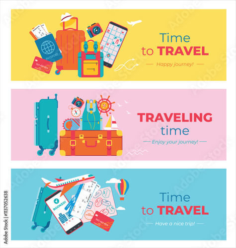 Set of travel backgrounds with luggage, ticket, passport, smartphone with map, airplane, bank card, compass, camera. Banner, flyer, coupon, voucher