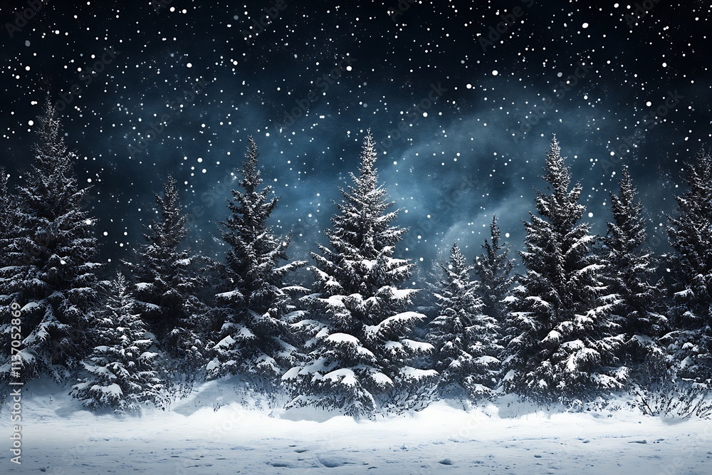 Enchanted Winter Night: Snowfall in a Snowy Forest Enchanted Winter Night: Snowfall in a Snowy Forest
