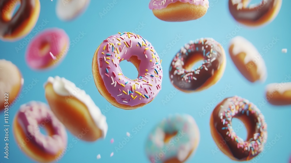 A dynamic image of colorful donuts, some topped with pink icing and sprinkles, floating against a vibrant blue background. The playful arrangement and bright colors create a fun, energetic mood A dynamic image of colorful donuts, some topped with pink icing and sprinkles, floating against a vibrant blue background. The playful arrangement and bright colors create a fun, energetic mood