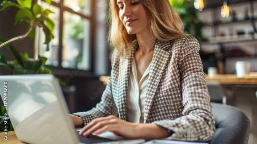 Happy female professional using a laptop for web design and online marketing in an office setting Happy female professional using a laptop for web design and online marketing in an office setting