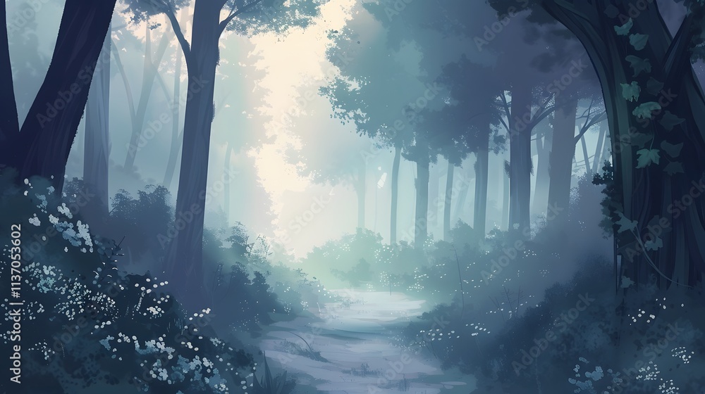 Obraz premium Misty Forest Path Leading to Sunlight