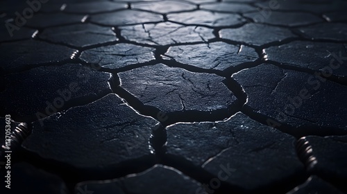 Dark Cracked Earth Surface with Shimmering Highlights, Captivating Textures and Patterns for Background or Art Projects in a Moody Setting