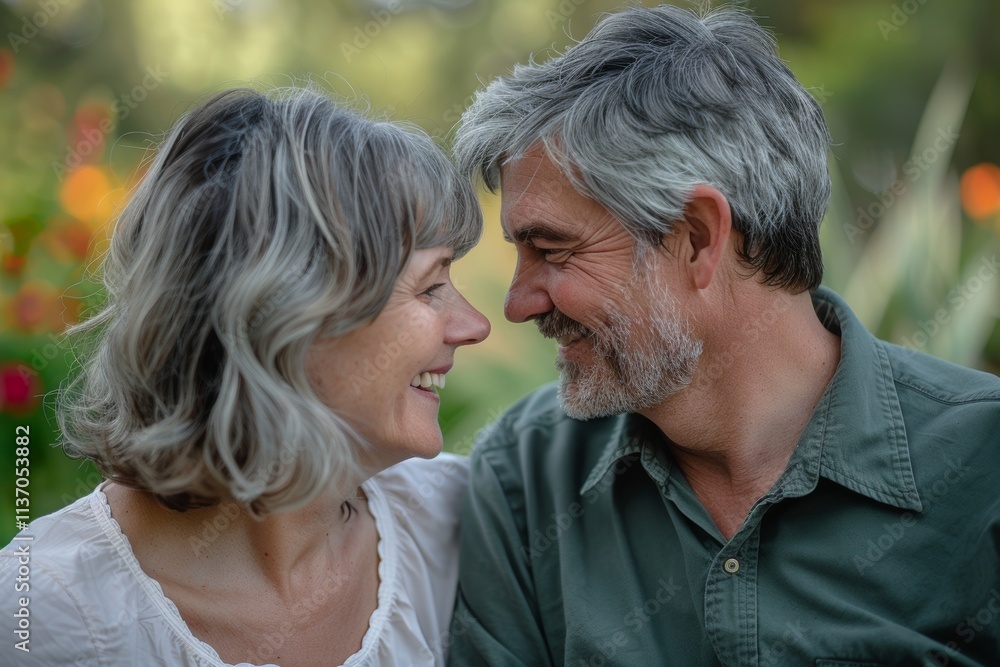 Senior couple shares a loving embrace, smiling and enjoying quality time together on a romantic anniversary getaway, fostering peace, trust, and partnership through eye contact Senior couple shares a loving embrace, smiling and enjoying quality time together on a romantic anniversary getaway, fostering peace, trust, and partnership through eye contact