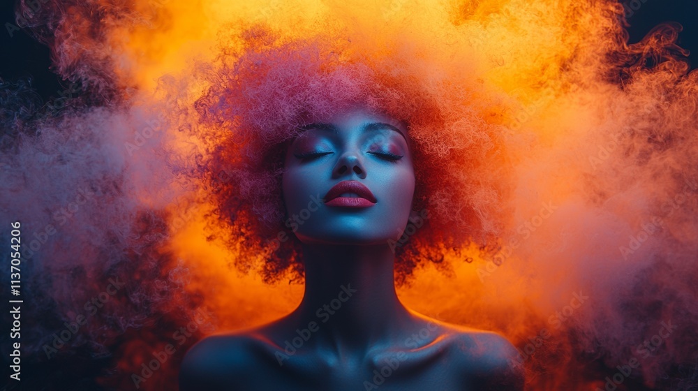 Portrait of a woman surrounded by glowing orange and blue smoke Portrait of a woman surrounded by glowing orange and blue smoke