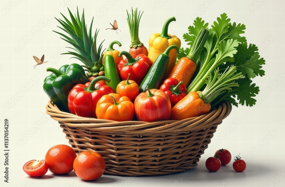Fresh and vibrant vegetable basket with tomatoes, peppers, and greens for healthy living and cooking inspiration Fresh and vibrant vegetable basket with tomatoes, peppers, and greens for healthy living and cooking inspiration