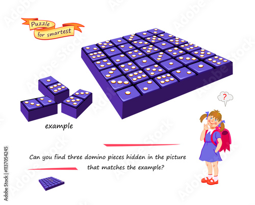 Can you find three domino pieces hidden in the picture that matches the example? Logic game for smartest. 3D puzzle. Developing spatial thinking skills. Brain teaser book. Vector illustration
