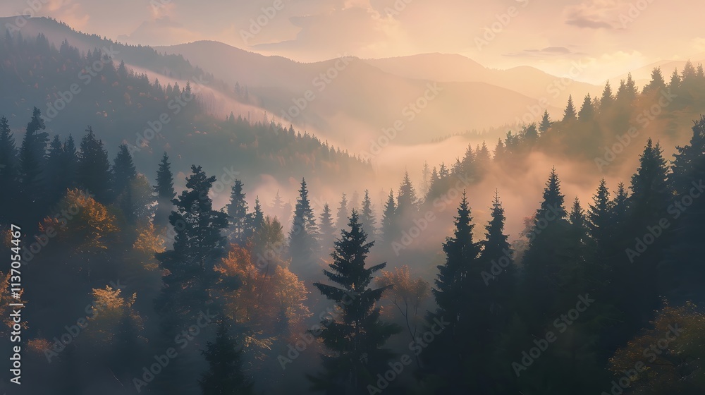 Misty Mountain Forest Sunrise Golden Hues Misty Mountain Forest Sunrise Golden Hues