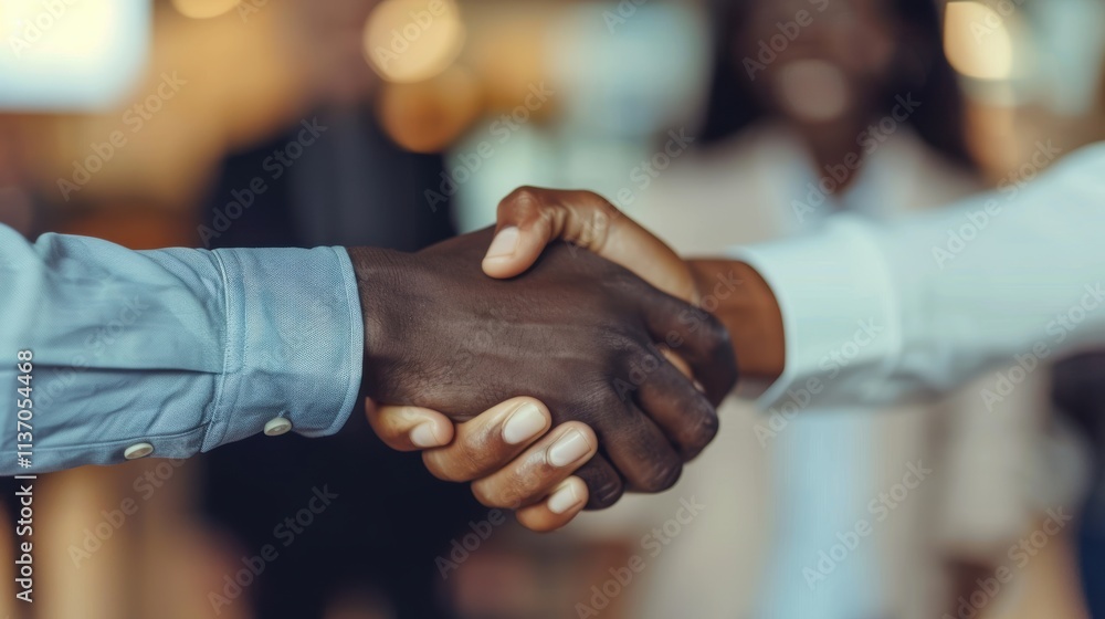 Business professionals shake hands to welcome a new employee during an onboarding meeting, celebrating a job promotion and expressing gratitude in the office Business professionals shake hands to welcome a new employee during an onboarding meeting, celebrating a job promotion and expressing gratitude in the office