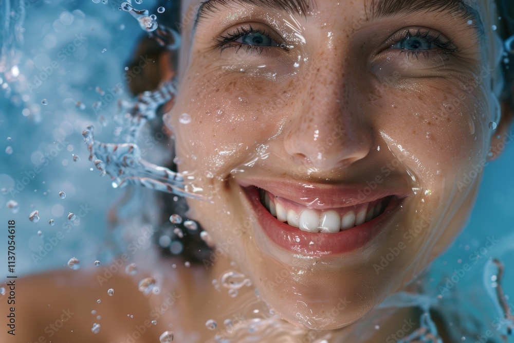 Joyful woman enjoying body skincare with water splash against a blue background, focusing on wellness and hygiene. Smiling portrait of a beauty model with refreshing water droplets Joyful woman enjoying body skincare with water splash against a blue background, focusing on wellness and hygiene. Smiling portrait of a beauty model with refreshing water droplets