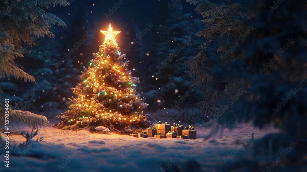 Sparkling Christmas Tree with Star and Gifts in Winter Wonderland Sparkling Christmas Tree with Star and Gifts in Winter Wonderland