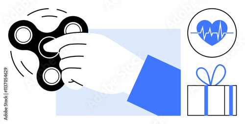 Hand holding and spinning a black fidget spinner. Blue heart health icon and gift box nearby. Ideal for stress relief, mental health, relaxation, gifts, focus, wellness and productivity. Line