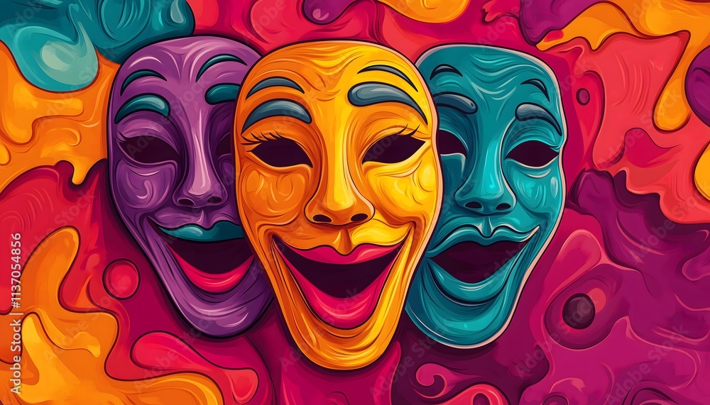 An abstract and artistic illustration of colorful drama masks An abstract and artistic illustration of colorful drama masks