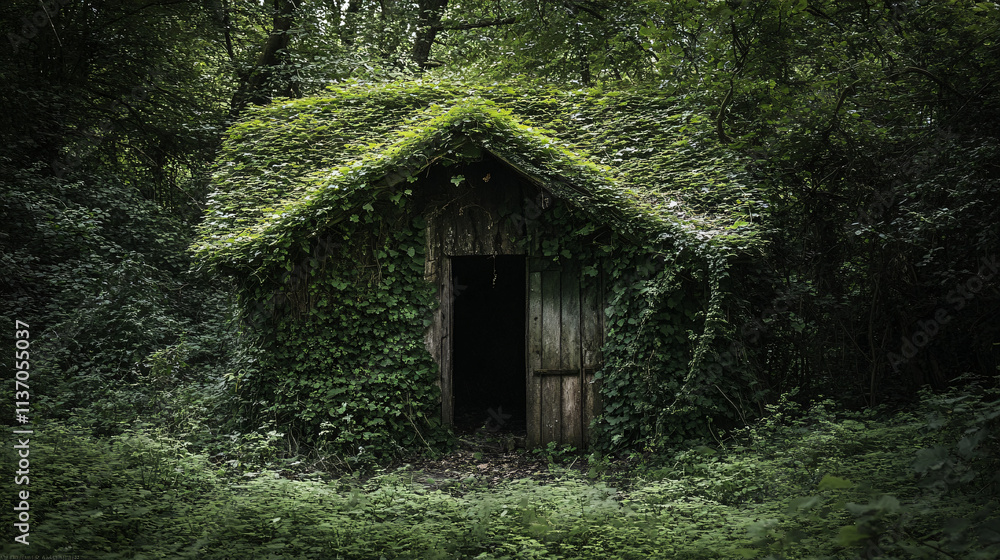 A secluded woodland shack draped in vines, its structure leaning precariously and the doorway shrouded in darkness. A secluded woodland shack draped in vines, its structure leaning precariously and the doorway shrouded in darkness.
