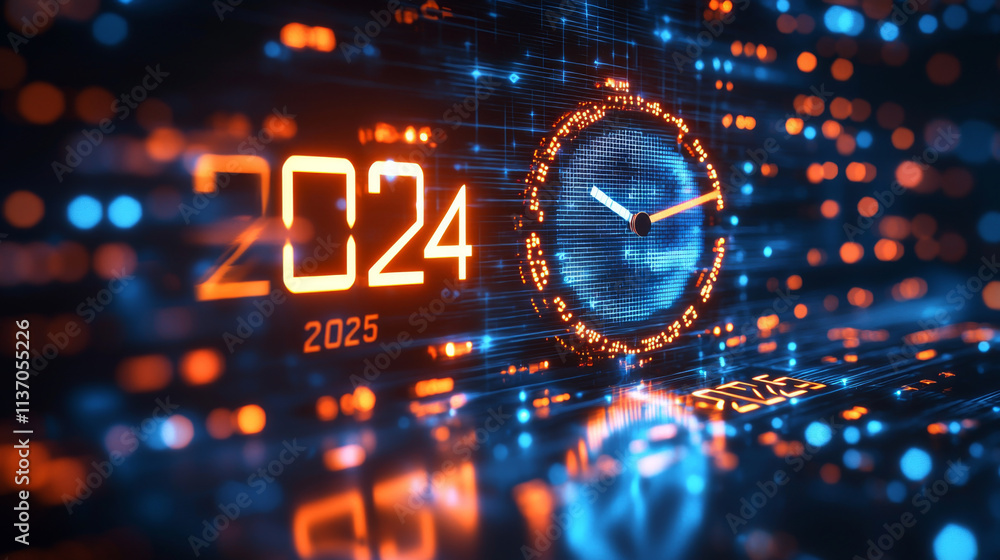 Obraz premium Countdown to 2025 digital clock visuals in a futuristic tech environment