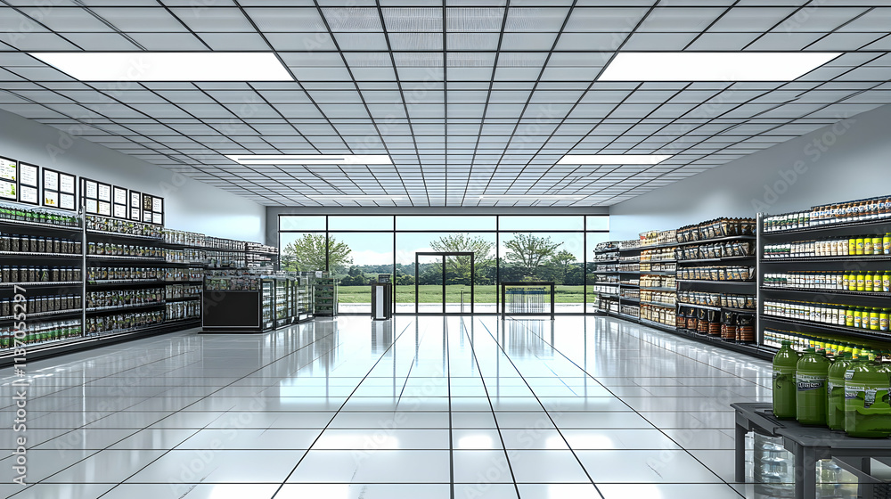Fototapeta Modern Grocery Store Interior Design with Floor-to-Ceiling Shelves