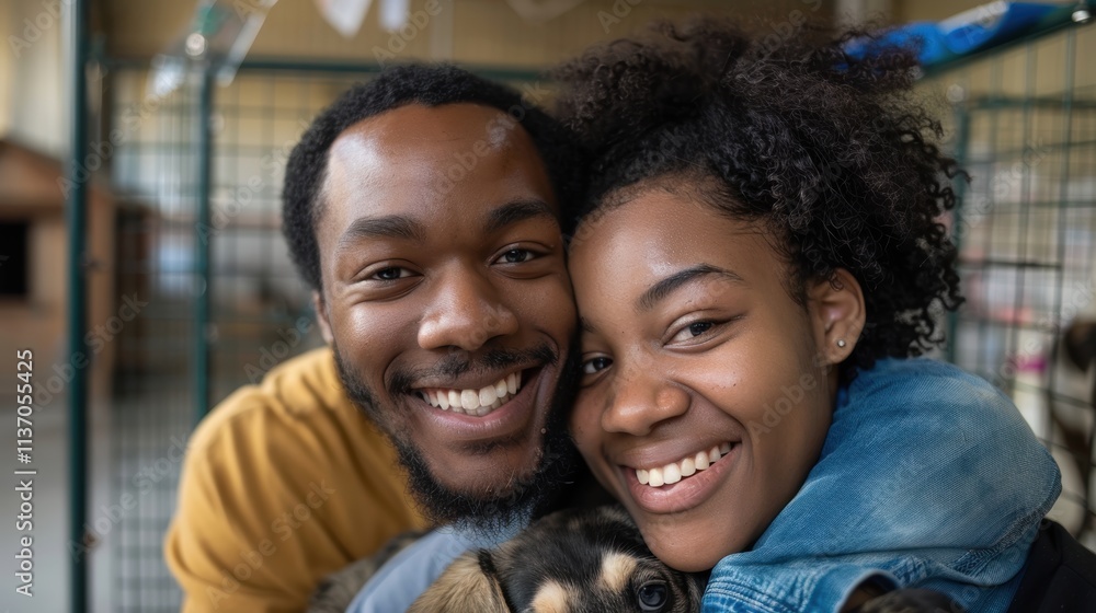 Selfie of a couple with a dog at an animal shelter, showcasing joy and affection while capturing a memorable moment together Selfie of a couple with a dog at an animal shelter, showcasing joy and affection while capturing a memorable moment together