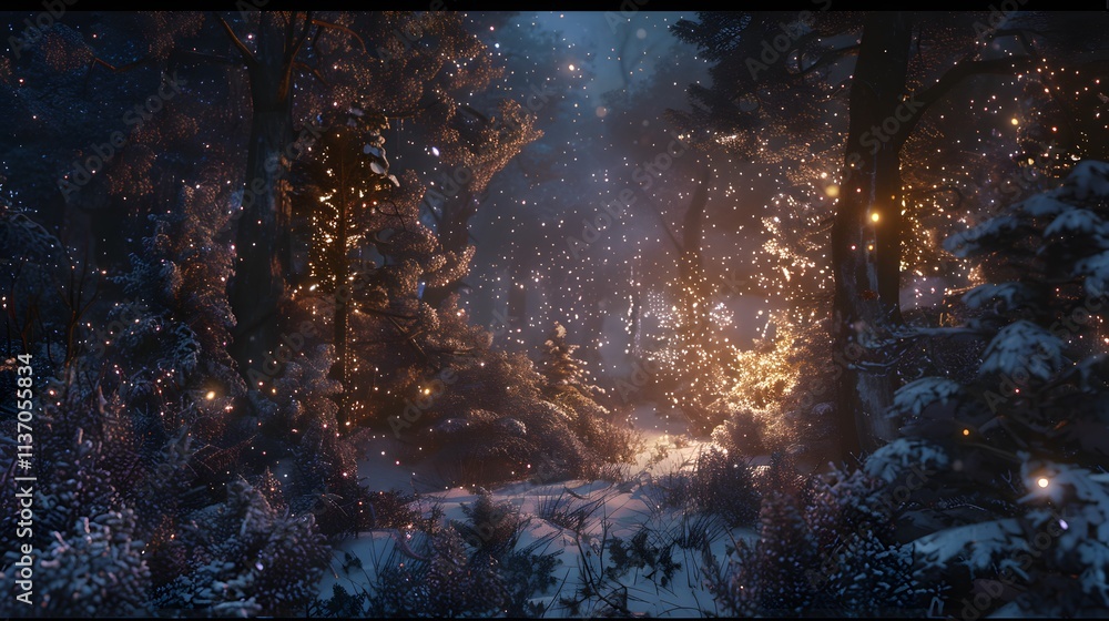 Fototapeta premium Enchanting Winter Forest Glowing With Magical Lights