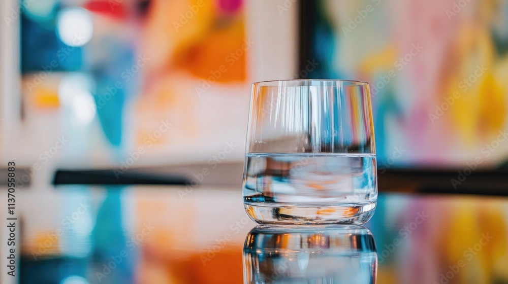 Crystal Clear Glass of Water on Reflective Surface with Art Background Crystal Clear Glass of Water on Reflective Surface with Art Background