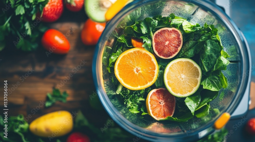 Fresh Vegetables and Colorful Citrus Fruits in Blender Container Fresh Vegetables and Colorful Citrus Fruits in Blender Container