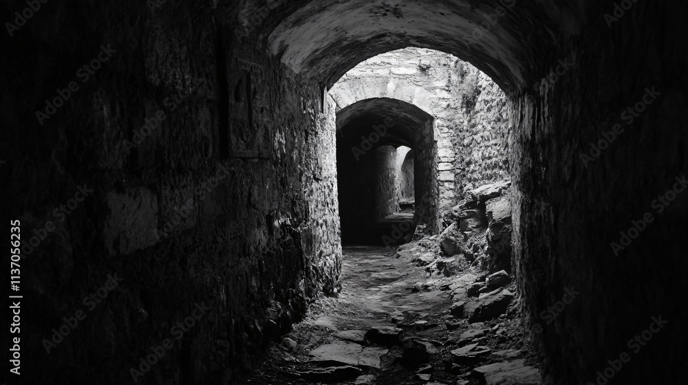 Obraz premium A secret passage beneath an ancient castle, where the walls are lined with forgotten relics and a cold wind whispers from the depths.