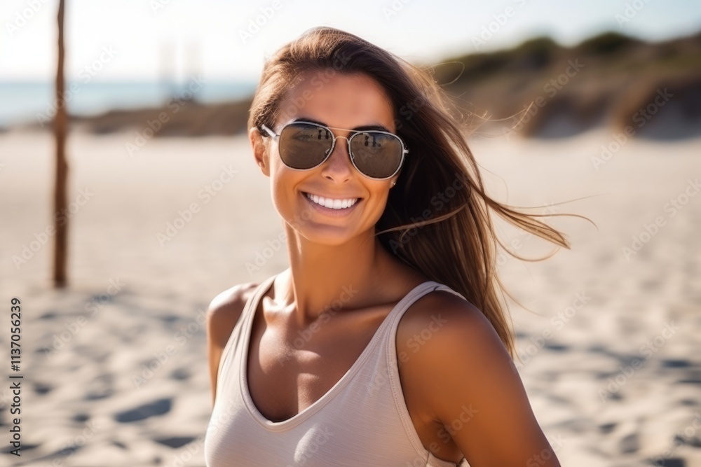 Portrait of a beautiful young woman in sunglasses on the beach. Portrait of a beautiful young woman in sunglasses on the beach.