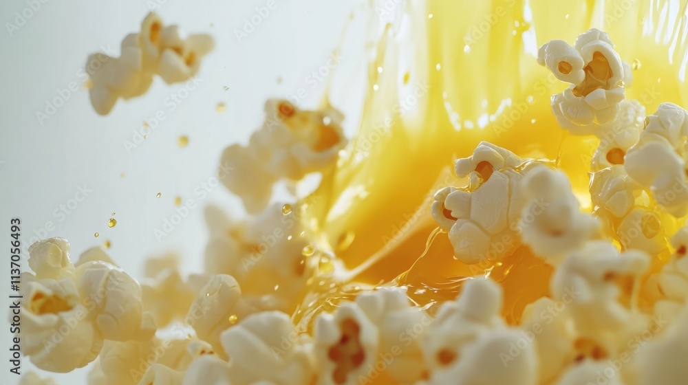 Popcorn Splashing in Liquid Butter on Light Background Popcorn Splashing in Liquid Butter on Light Background