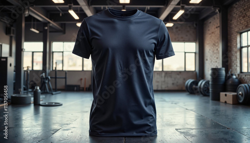 Athletic t-shirt mockup on gym floor, fitness motivation