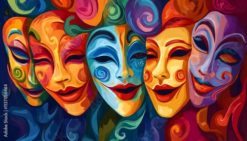 Artistic and abstract illustration of colorful drama masks