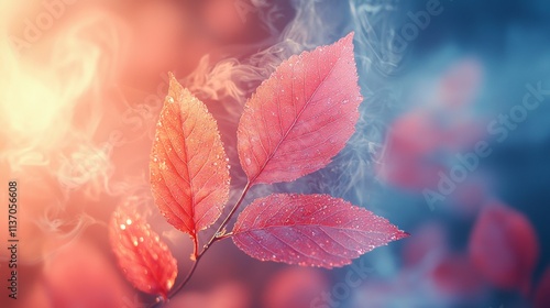 Close-up of vibrant autumn leaves covered in glowing dewdrops photo