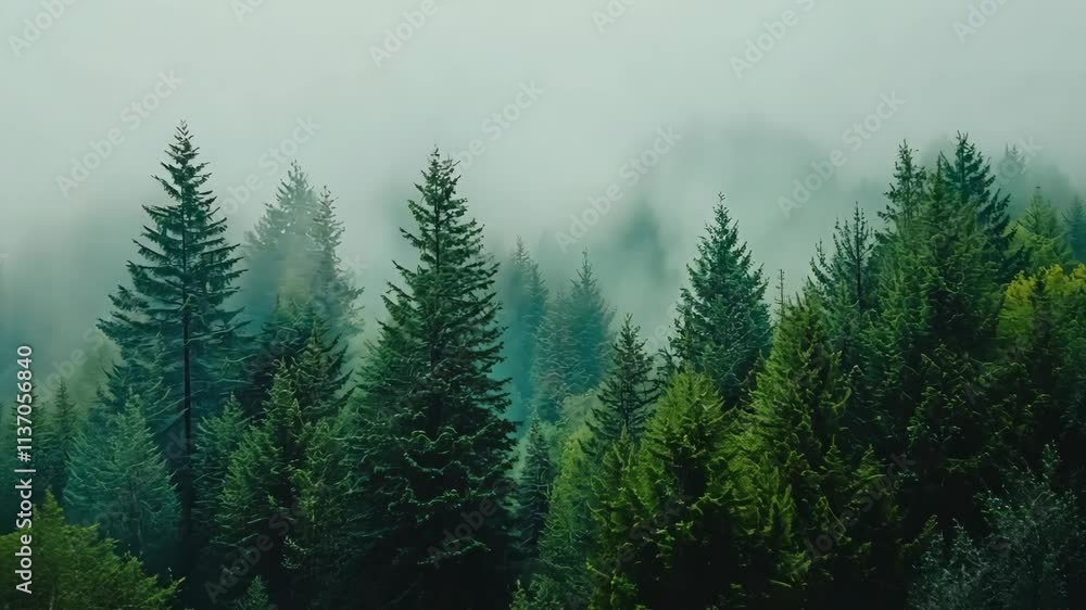 Lush green forest shrouded in mist on a foggy morning in a tranquil wilderness area Lush green forest shrouded in mist on a foggy morning in a tranquil wilderness area