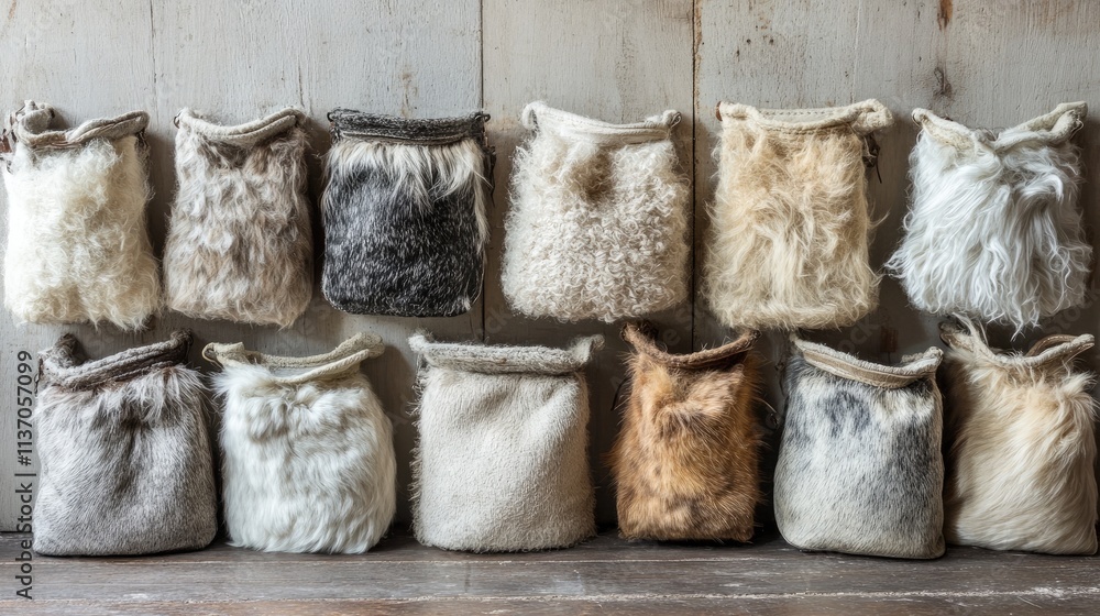 Natural Fur Pouches Displayed Against Rustic Wooden Background Natural Fur Pouches Displayed Against Rustic Wooden Background