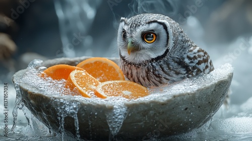 Adorable owl perched on a bowl of oranges in soft light photo